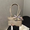 Sac à bandoulière beige chic avec œillets argentés et nœud décoratif rose à carreaux - Kaki