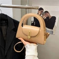 Chic cream semi-circle leather handbag with gold trapezoid buckle and round top handle - Khaki