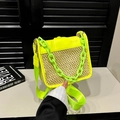 Neon yellow woven straw crossbody bag with thick chain strap and matte leather detail - Fluorescent Colors