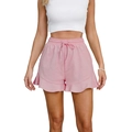 Detailed view of elastic waist and drawstring on pink cotton linen ruffled shorts - S / Pink
