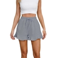 Detail of grey cotton linen shorts with elastic drawstring waist and ruffle hem design - S / Gray