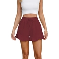 Detail of burgundy cotton shorts showing elastic drawstring waist and ruffled hem - S / Burgundy
