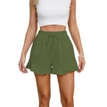 Detail of olive green high-waisted shorts with ruffle hem and drawstring elastic waistband - S / Army Green