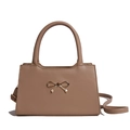 Minimalist light brown faux leather handbag with a golden bow knot and top handles - Khaki