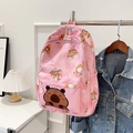 Pink large capacity backpack with cute capybara cartoon pattern and double zippers - Pink