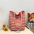 Borsa tote in tela a righe rosse e bianche chic con etichetta in metallo fatta a mano - Rosso