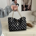 French vintage checkered tweed tote bag with gold chain strap and elk charm detail - Black Grid