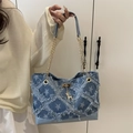 Blue denim tote bag with star print, fringe details, and gold deer pendant accessory - Star - Blue