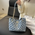 Blue and white checkered denim tote bag with gold chain strap and deer charm - Checkered Blue