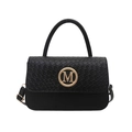 Elegante schwarze Umhängetasche mit Webmuster, M-Logo in Gold und Rundgriff - Schwarz