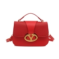 Red structured handbag with woven texture flap and golden oval lock for women - Red