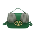 Elegant emerald green square bag with herringbone weave and golden V-shaped buckle - Green