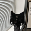 Black hobo shoulder bag with long fringes, silver buckle, and delicate chain strap - Black