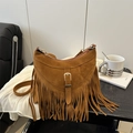 Brown suede-texture tote bag with long tassels and adjustable shoulder strap - Tan