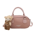 Pink litchi grain bowling bag with plush bear charm and white fashion logo detail - Pink With Pendant