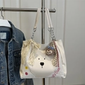 Borsa tote bianco panna con motivo a orsetto, fiocco in pizzo e ciondolo in peluche - Con Ciondolo / Bianco