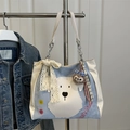 Borsa tote blu e beige con stampa cane cartone e dettaglio fiocco in pizzo - Con Ciondolo / Blu