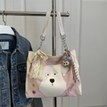 Borsa tote rosa e bianca con motivo a cane, fiocchi in pizzo e ciondolo morbido - Con Ciondolo / Rosa