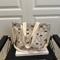 Beige corduroy tote bag with black quilted diamond pattern and cute bow decorations - Off White
