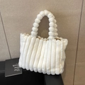 Chic cream white faux fur tote bag with plush bubble handles and striped texture - White
