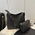 Schwarzes Shopper-Taschen-Set aus Kunstleder mit Innentasche und Nieten-Schultergurt - Schwarz
