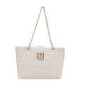White quilted tote bag with gold chain strap and double F buckle in minimalist style - White