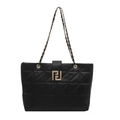 Minimalist black quilted tote bag with golden geometric clasp and chain strap on white background - Black