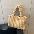 Beige faux fur tote bag with bubble handle and soft vertical ribbed texture - Khaki