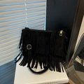 Retro black suede shoulder bag with long tassels and adjustable strap in gold-tone hardware - Black