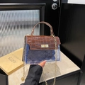 Bolso de gelatina azul transparente a cuadros con textura de cocodrilo y cadena dorada - Marrón