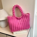 Furry bright pink faux fur tote bag with plush ball handles and textured vertical stripes - Rose Red