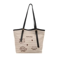 Cream straw tote bag featuring cartoon cat embroidery and adjustable black leather straps - Black