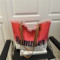 Große Strandtasche aus Segeltuch mit rot-weißem Farbverlauf, Fransen und Summer-Text - Rot