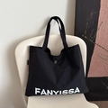 Borsa tote in tela nera con scritta FANYISSA bianca e chiusura con bottone a pressione - Nero