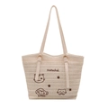 Grand sac cabas tressé beige avec illustration de chat et bandoulières en cuir réglables - Blanc