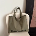 Borsa tote FANYISSA verde oliva in tela con stampa a lettere e bottone a pressione - Verde