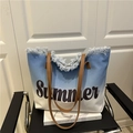 Blue and white gradient canvas tote bag with Summer print and brown leather handles - Dark Blue