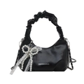 Fashionable black crescent hobo bag with pleated handle and pearl lace bow charm - Black