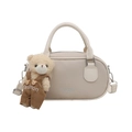 Beige lychee texture handbag with cute bear charm and gold lettering fashion detail - Beige With Pendant