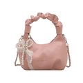 Pink ruched handbag with pearl bow charm and metal chain strap for women - Pink