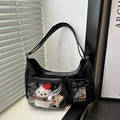 Schwarze PU Hobo Tasche mit transparentem Fach und süßem weißem Bären-Anhänger - Schwarz