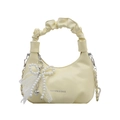 Pale yellow croissant shoulder bag with pleated handle and pearl bow pendant decoration - Yellow