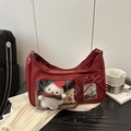 Rote matte Leder-Ita-Tasche mit Klarsichtfach und Plüschbär-Accessoire - Rot