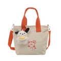 Lightweight contrast canvas handbag with orange handles and cute cartoon bear print - Orange (With Pendant)