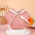 Elegant pink leather wedding candy favor bag with white ribbon bow and pearl charm - Pink