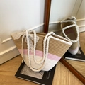 Bolso tote de ganchillo hecho a mano a rayas beige rosa y blanco con lazo de encaje - Sin pañuelo / Rosa