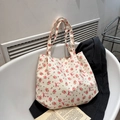 Canvas tote bag with pink floral and bow patterns, spacious for daily commuting and school - Pink Floral Bow Style