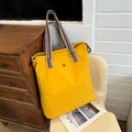 Yellow large capacity tote bag with colorful striped handles and drawstring closure - Yellow