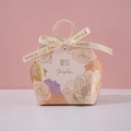 Pink wedding candy box featuring floral patterns and a light wood handle ring - Peach Pink (Wood Ring Ribbon)