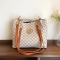 Sac fourre-tout à monogramme gris avec brides en cuir marron et logo M doré chic - Blanc Cassé